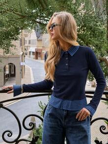 Women's Preppy Style 2 In 1 Polo Collar Long Sleeve T-Shirt, Layered Slim Fit Base Layer Top - Blue - View 2