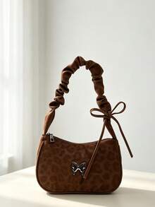 1pc Vintage Style Leopard Print Shoulder Bag, Ruched Strap With Metal Butterfly Decor Crescent Bag, Faux Suede Zipper Underarm Bag, Lightweight Handbag, Suitable For Girls/Children/Students, Applicable For Daily Commute/Street Outing/Shopping Date/ Outfit - Multicolor - View 5