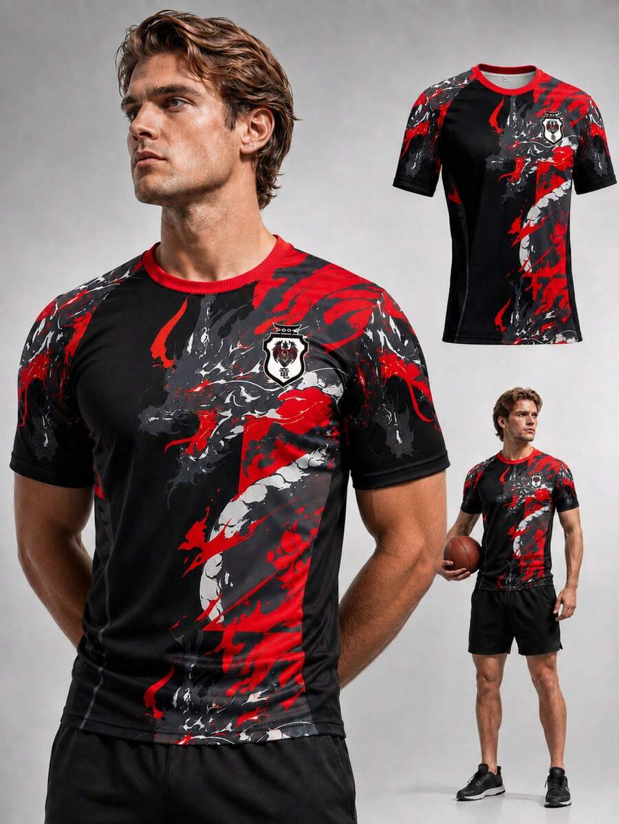 New Japanese Style Autumn Men's Soccer Jersey, Soft Sports Top, Black Dragon Pattern Ink Painting Print