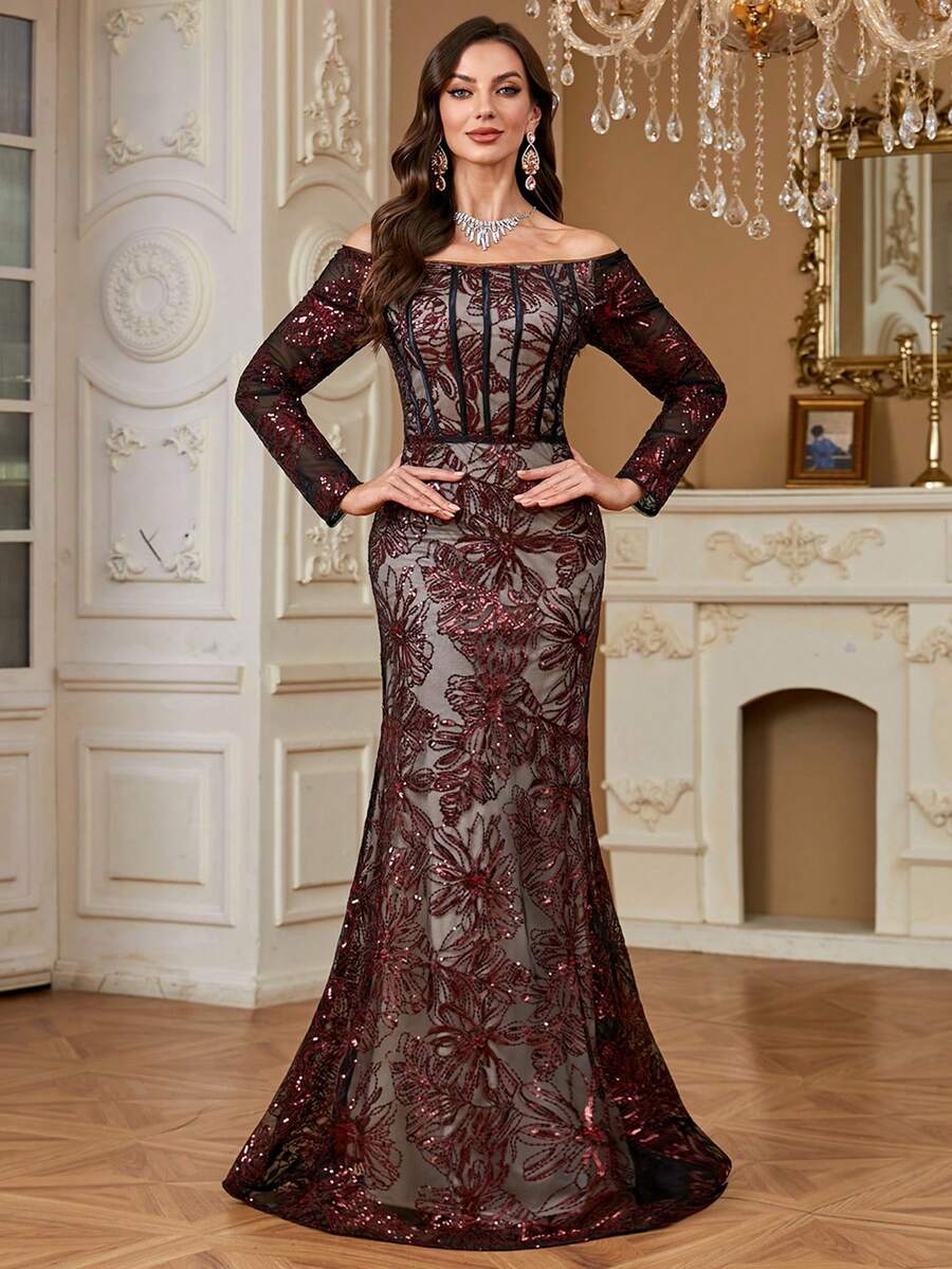 hezixi Elegant Luxury Embroidered Lace Sequin Beaded Floral Design Sheer Long Sleeve Dress Party Wedding Fall