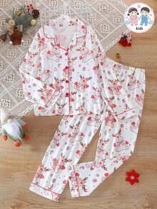 Children's Christmas Cartoon Deer All-Over Print Breathable Comfortable Turn-Down Collar Button-Up Pajama Set Long Sleeve Long Pants For Girls - Multicolor - View 1