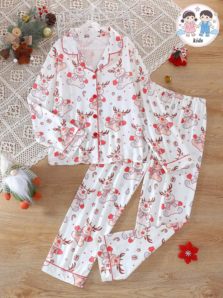 Children's Christmas Cartoon Deer All-Over Print Breathable Comfortable Turn-Down Collar Button-Up Pajama Set Long Sleeve Long Pants For Girls - Multicolor - View 1