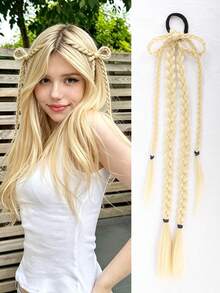 Synthetic Braided Ponytail Hair Extension With Bow Hair Tie, Double Braid Hairpiece For Women, Y2K Party Cosplay Hairstyle - Multicolor - View 11