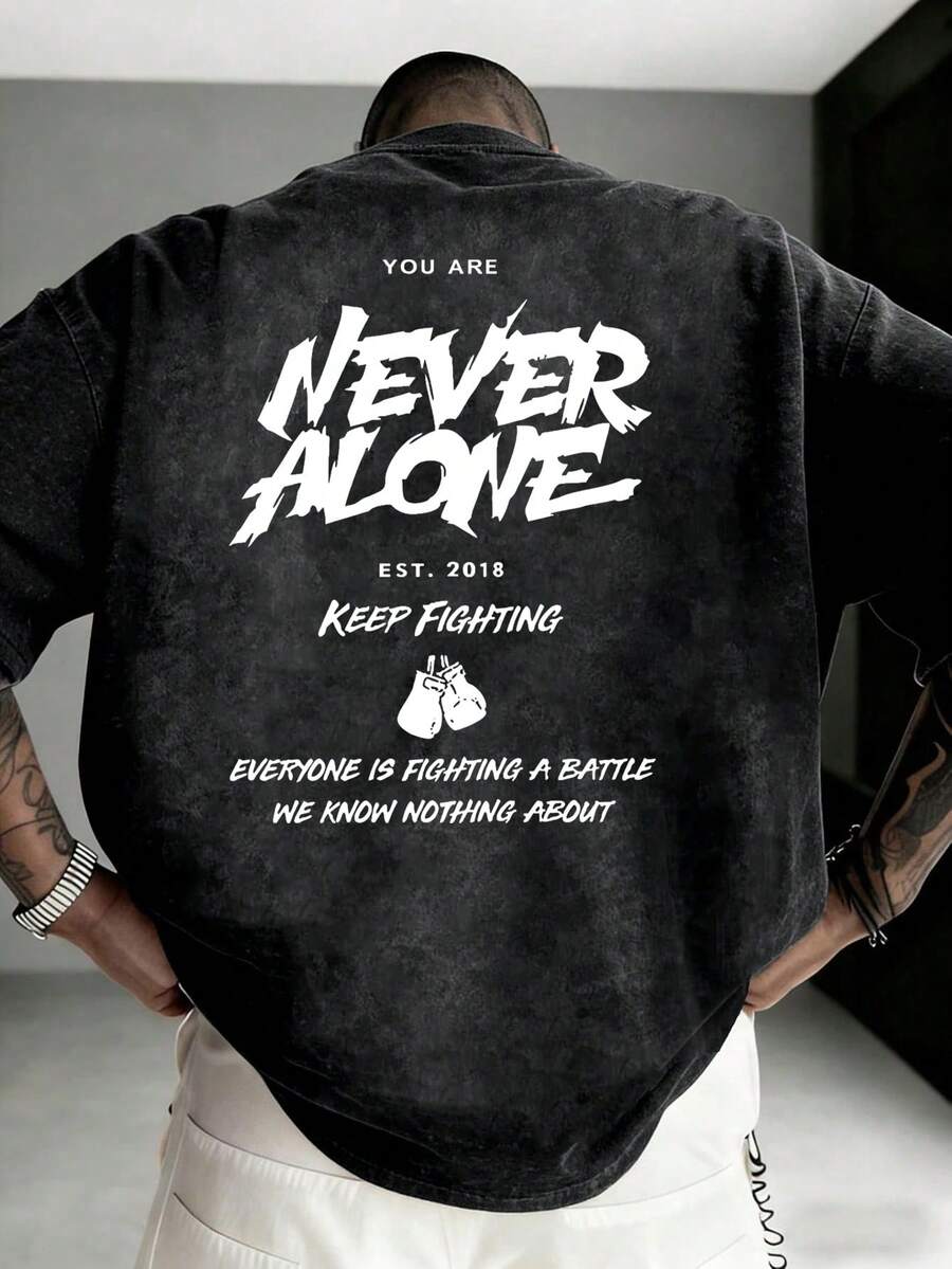 Men's Solid Color Washed Short Sleeve T-Shirt, American Street Style Distressed Tie-Dye Washed "Never Alone" English And Boxing Creative Design Print Short Sleeve T-Shirt - Black - View 1