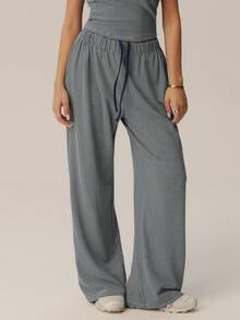 Women's Striped High Waist Drawstring Wide Leg Long Pants, Loose Straight Leg Casual Sports Home Pants - Navy Blue - View 6