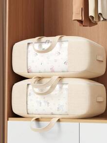 1PC Beige Linen‑Look Storage Tote Bag With Transparent Window, Portable Carry Handles Large Capacity Foldable Fabric Organizer For Clothes, Bedding, Toys, Sports Gears, Home Closet Bedroom Storage Solution - Apricot - View 3
