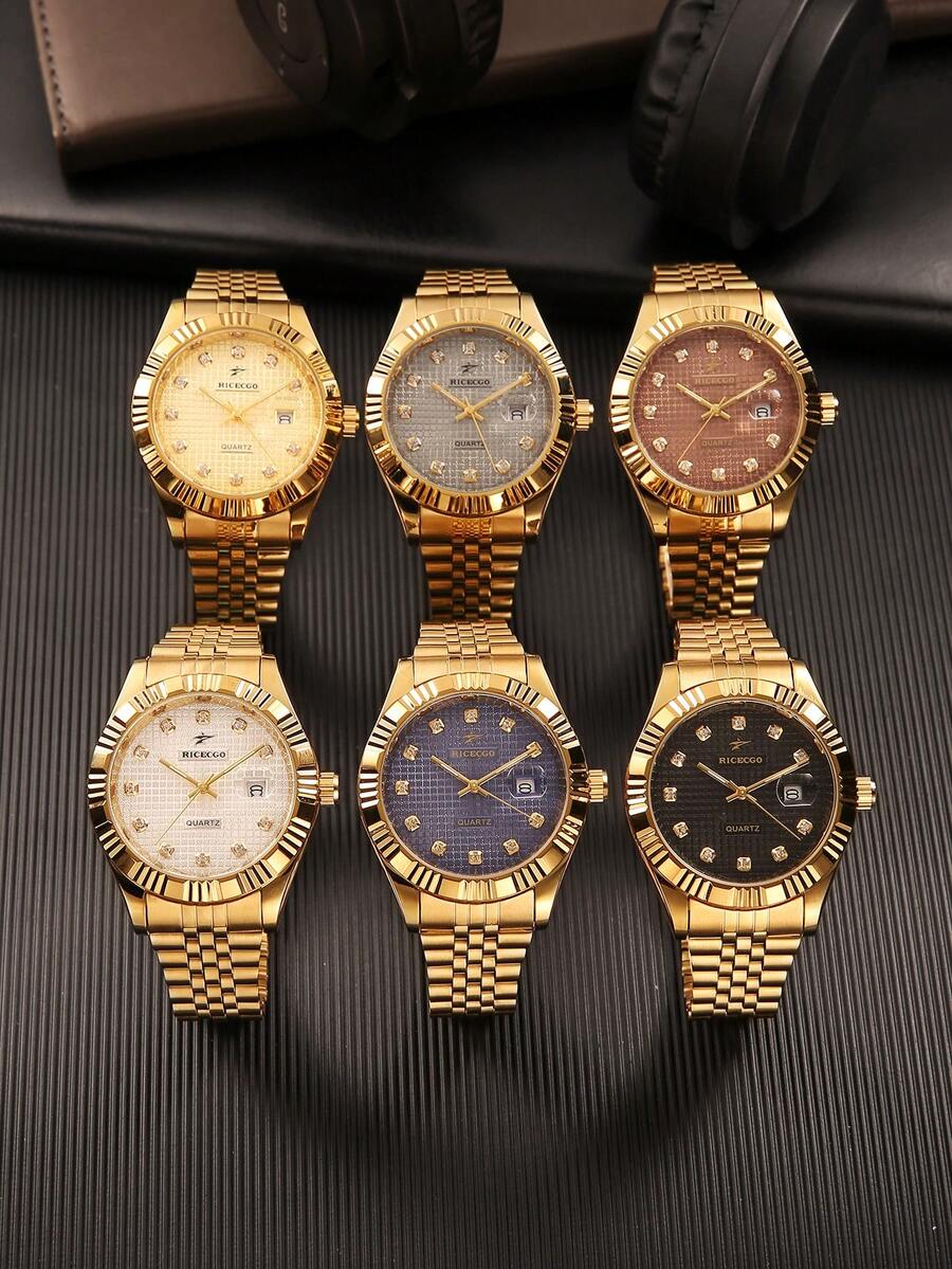 RICECGO A Lightweight, Luxury Men's Business Watch With A Checkered Rhinestone-Embellished Dial, Perfect As A Gift For Everyday Business Meetings - Gold - View 1