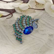 1pc Blue Crystal Gemstone & Rhinestone Peacock Brooch - Blue - View 4