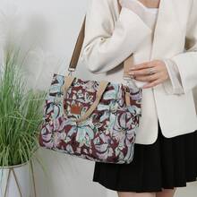 DLIU New Large Capacity Floral Pattern Tote Bag, Shoulder Bag, Crossbody Bag, Lunch Bag, Handbag, Lunch Box Storage Bag, Commuter Bag, Suitable For Work Lunch, Travel, Daily Use, Fabric Lining, Main Compartment With Semi-Closed Zipper, Front Zipper Pocket, Side Pockets - Black - View 9