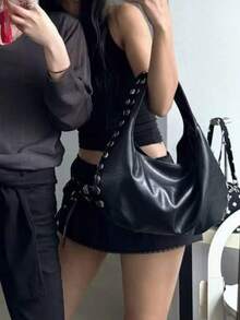 Korean Niche Design Ins Style Rivet Crescent Handbag For Women, Vintage Fashion Y2K Hot Girl Large Capacity Versatile Shoulder Underarm Bag - Black - View 2