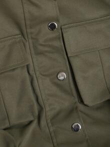 8-12 Years Tween Girl Spring/Autumn Fashion New Utility Style Pocket Design Small Stand Collar Long Sleeve Army Green Short Jacket Outerwear Top - Army Green - View 7