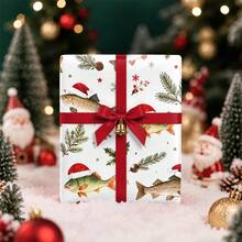 1set Christmas Fish Wrapping Paper(Includes Stickers), Unique Holiday Gift Wrap Paper With Santa Fish, Pine Branches, Holly Berries, And Snowflakes Design For Xmas Gifts, Party Decorations, And Birthday Presents - Fish - View 3