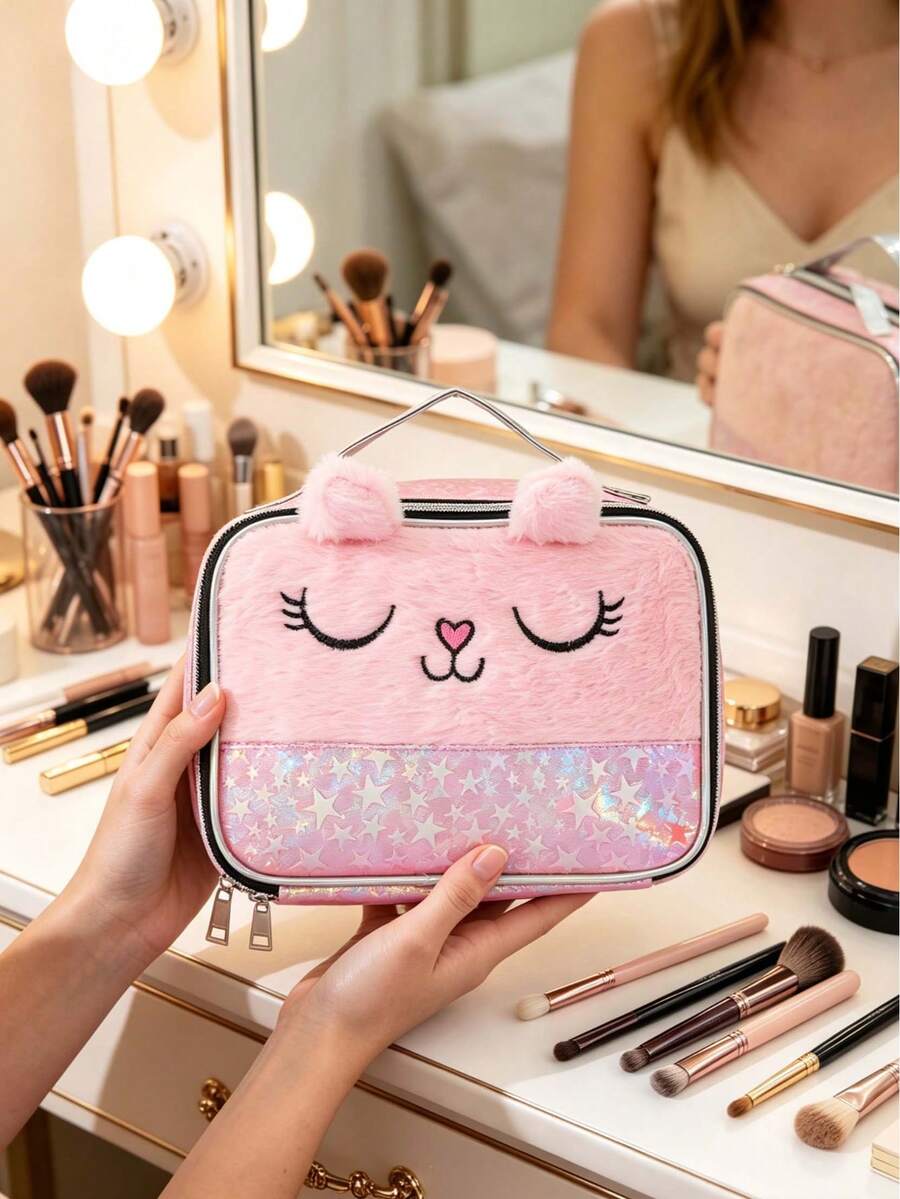 1pc Plush Cute Girl Style Makeup Bag, 3D Cat Ear Design With Cat Pattern, Suitable For Spring Summer Autumn Winter All Seasons, Ideal For Business Travel, Home Use, Student Dorm, Graduation Gift, Vacation Season, Cosmetic Storage, Birthday Gift And Various Holiday Gifts - Multicolor - View 1