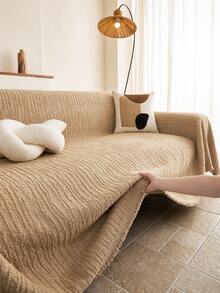1‑Piece Universal Sofa Cover, Thick Woven Wavy Striped Reversible Double‑Sided Usable Sofa Throw With Tassels, Durable Furniture Protector For Boho Minimalist Home Style - Khaki - View 2