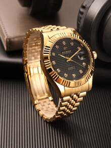 RICECGO A Lightweight, Luxury Men's Business Watch With A Checkered Rhinestone-Embellished Dial, Perfect As A Gift For Everyday Business Meetings - Gold - View 2