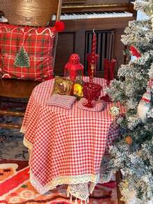 1 buah Taplak Meja Suasana Natal Vintage Romantis untuk Meja Kopi dan Meja Makan, Cocok untuk Dekorasi Liburan dan Sehari-hari - Merah - View 5