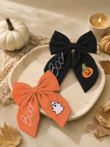 2pcs Halloween Bow Hair Clip Set, Ghost Pumpkin Boo Embroidery, Cute Hair Clips For Girls, Party & Daily Hair Accessories - Multicolor - View 5
