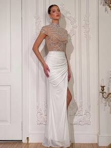 Modphy Luxury High Neck Sheer Mesh Beaded Rhinestone Mermaid Evening Gown, White Pleated Slim Fit Long Party Dress - Apricot - View 6