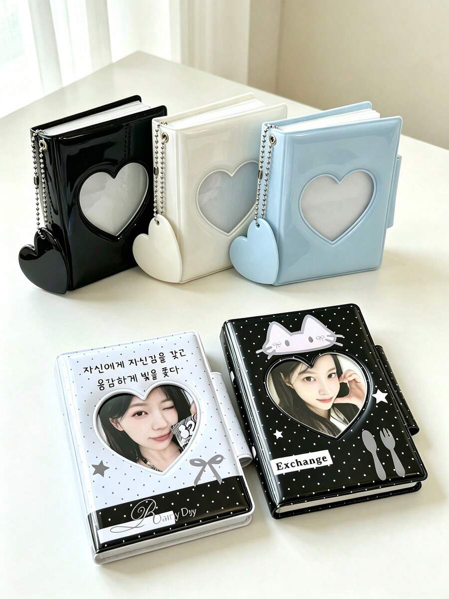 1pc Heart-Shaped Ins Style Bow Cat 1-Pocket Card Album With Snap Button, 3-Inch Photo Album, Idol Photocard Storage Book, Sticker Storage, Nail Art Sticker Storage, Multi-Purpose