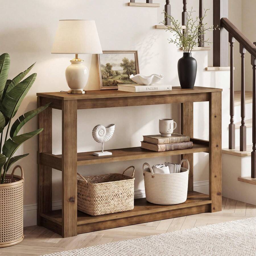 LITTLE TREE Solid Wood Console Table, 105cm Small Entryway Table With Storage - Brown - View 1