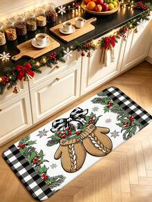 1pc Christmas Vintage Style Holly & Bow Pattern Kitchen Mat, Flannel Soft Touch Absorbent Home Entryway Rug, Easy To Clean Washable Area Runner, Kitchen Runner Rug, Suitable For Kitchen, Bathroom, Entryway, Laundry Room, Hallway, Bedroom, Living Room Decor, All Season, Gift Idea, Christmas Atmosphere Decorative Mat - View 1