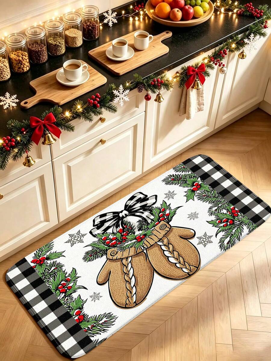 1pc Christmas Vintage Style Holly & Bow Pattern Kitchen Mat, Flannel Soft Touch Absorbent Home Entryway Rug, Easy To Clean Washable Area Runner, Kitchen Runner Rug, Suitable For Kitchen, Bathroom, Entryway, Laundry Room, Hallway, Bedroom, Living Room Decor, All Season, Gift Idea, Christmas Atmosphere Decorative Mat - View 1