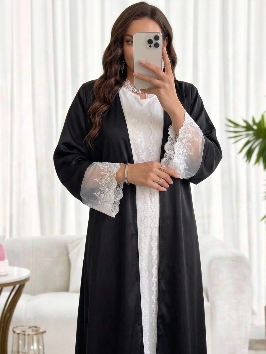 Women's Elegant Long Sleeve Contrast Lace Splice Abaya Black Fall - Black - View 1