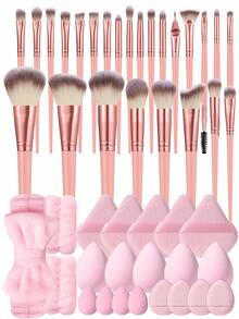 21/25/46Pcs Total Makeup Tool Kit,25Pcs Professional Makeup Brushes Set,Soft Cosmetic Sponges,Triangle & Finger Powder Puffs,Plush Hair Band,Complete Cosmetic Applicator Tools For Foundation,Concealer,Eyeshadow Daily Facial Makeup Supplies - Pink - View 14