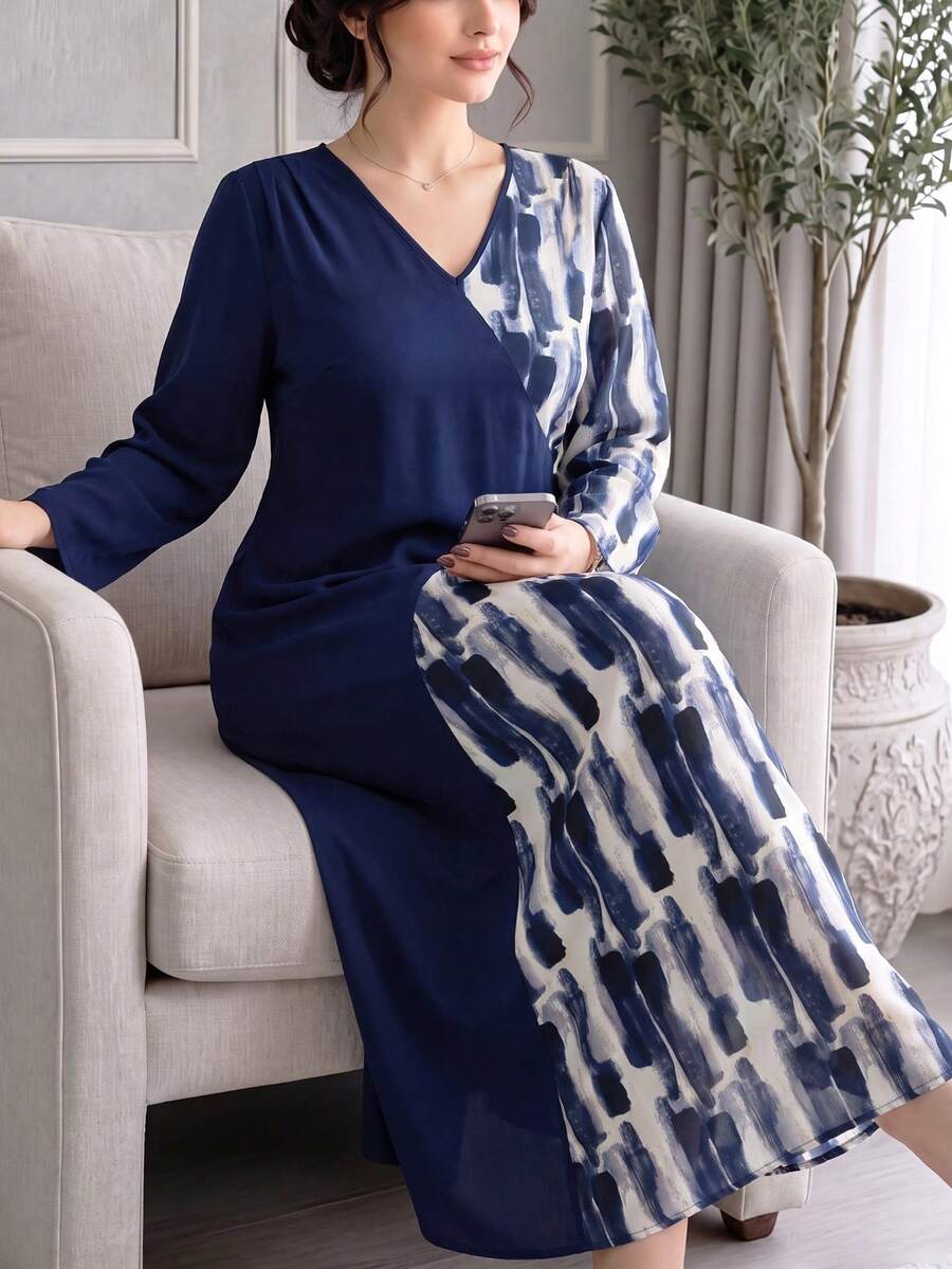 Plus Size Women Fitted Patchwork V-Neck Long Sleeve Dress - Khaki - View 1