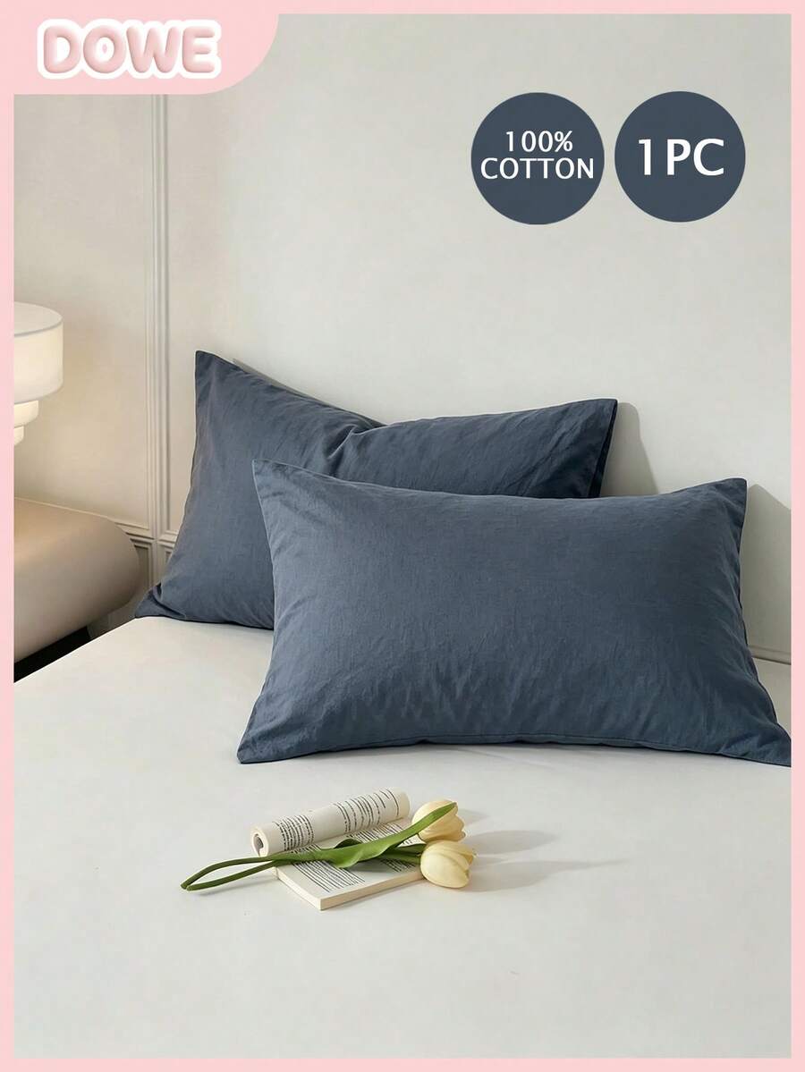 1pc 100% Cotton Pillowcase, Woven Washed Cotton, Natural Texture, Soft Feel, Envelope Style, Suitable For Bedroom - Blue - View 1