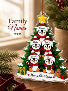 1pc Personalized Penguin Family Decor, Customized Name Christmas Gift, 5-Person Family Keepsake, Winter Holiday Tree Ornament, Christmas Tree Decoration, Christmas Gift - Green - View 4