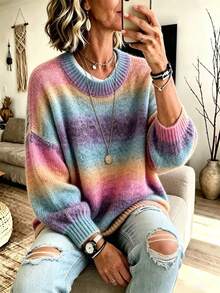 Fashionable Women's Plus Size Long Sleeve Rainbow Sweater, Round Neck Drop Shoulder Knit Pullover, Autumn/Winter Women's Clothing - Multicolor - View 3