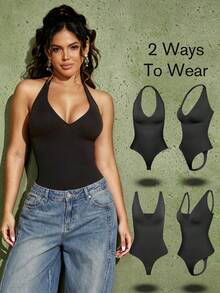 1pc Women's Waist & Abdomen Seamless Detachable Strap Bodysuit, Outdoor Bikini Style Shaping Shapewear - Black - View 3