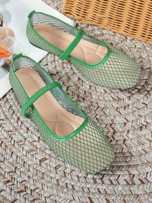 Square Toe Mesh Hollow-Out Elastic Strap Mary Jane Flat Breathable Thin Ballet Style Shoes - Green - View 5