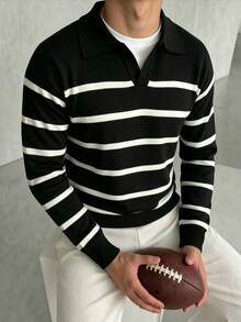 ZYNTH BALENO Men's Fashion Autumn/Winter Striped Small Stand Collar Long Sleeve Sweater, Suitable For Gym Workout Sports, Black - Black - View 2