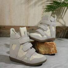 Women's Hidden Wedge High Top Sneakers, Magic Tape Cutout Design Patchwork Color Platform Ankle Boots - Beige - View 5