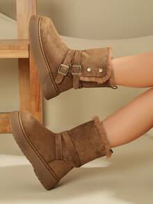 Solid Color Double Buckle Strap Faux Fur Trim Faux Suede Platform Mid‑Calf Winter Boots Women - Camel - View 2