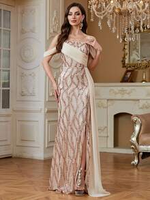 hezixi Sequin Spaghetti Strap Chiffon Flowing Evening Gown - Champagne - View 4