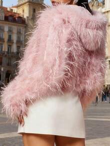 Faux Fur Hooded Long Sleeve Short Loose Jacket, Casual Commute Outerwear, Autumn/Winter Fashion - Pink - View 8