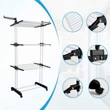 Shoze Foldable 3‑Tier Stainless Steel Laundry Drying Stand, Mobile Clothes Rack With Side Wings And Built‑In Wheels - Black - View 4