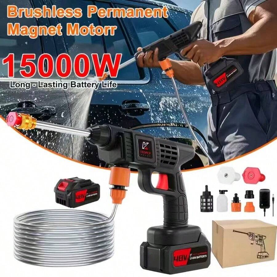 48VF High-Pressure Water Gun - Wireless Foam Spray With Adjustable Nozzle And 1/2 Rechargeable Lithium Batteries, Including 4 Interchangeable Nozzles, 3 Spray Modes, Outdoor Use, Garden Cleaning Equipment, Solid Plastic Gun, Water Sprayer - Black - View 1