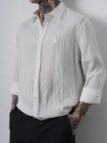 Premium Men Embroidered Detail Textured Button Front Long Sleeve Shirt - White - View 1