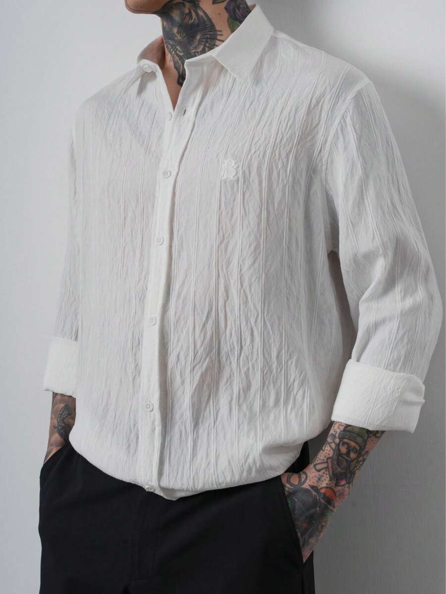 Premium Men Embroidered Detail Textured Button Front Long Sleeve Shirt - White - View 1