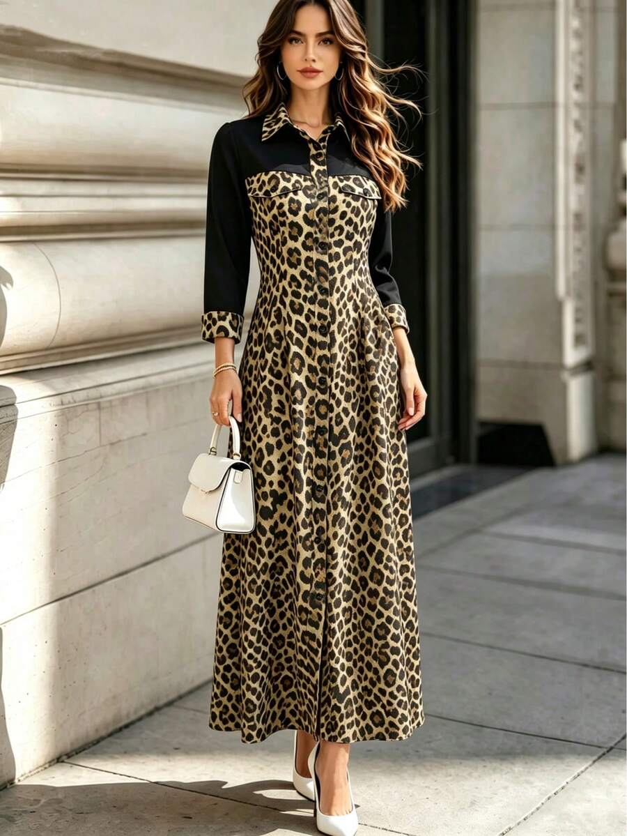 Women's Elegant Solid Color + Leopard Print Patchwork Design Dress - Black - View 1