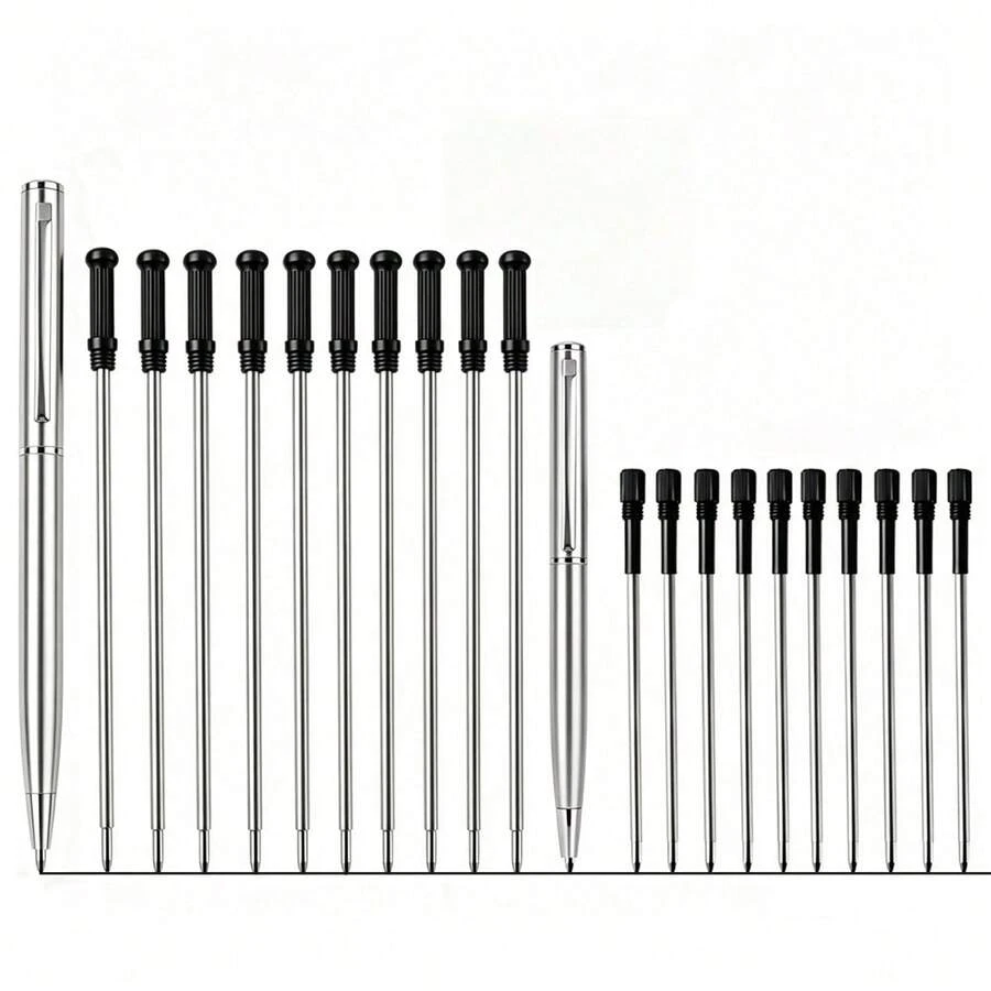 Metal Ballpoint Pen Set, 1 Long & 1 Short Stainless Steel Retractable Pens With Matching Long & Short Replacement Pen Refills, Smooth Writing Silver Metal Pens For Business Office Gift