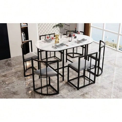 6-Chair Dining Table Set: (White Table, Chairs With Backrests And Gray Cushions, Black Iron Frame), Dining Table And Chair Set, Modern Dining Table Combination (Previous Sku:308399408AAS) - Black + MDF - View 1