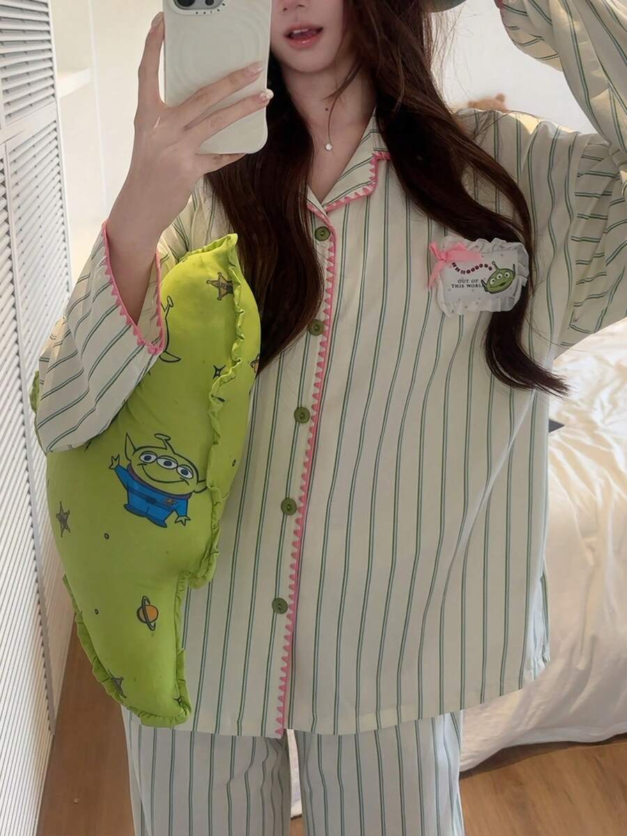 Gongdie 2 Pieces Disney Toy Story Women's Pajama Set,Fall Green Striped Soft Cotton Loungewear With Pink Trim And Pocket - Apricot - View 1