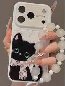Ins New 3D Scarf Cat Design With Beaded Chain Phone Case Compatible With Iphone 17 Pro Max, Instant Transformation To 17 Large Window Cat Ear Style, Apple 16 Pro Max Women 15/14/13 Shockproof Protective Cover - White - View 2