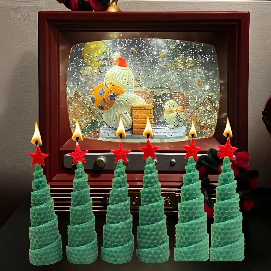 6pcs Christmas Tree Shaped Beeswax Candle Set, Perfect For Home Decor, Creating Holiday Atmosphere, And Providing Unique Gift Ideas