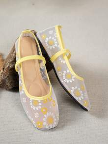 Square Toe Mesh Hollow Out Elastic Strap Mary Jane Flat Breathable Thin Ballet Style Shoes - Yellow - View 5